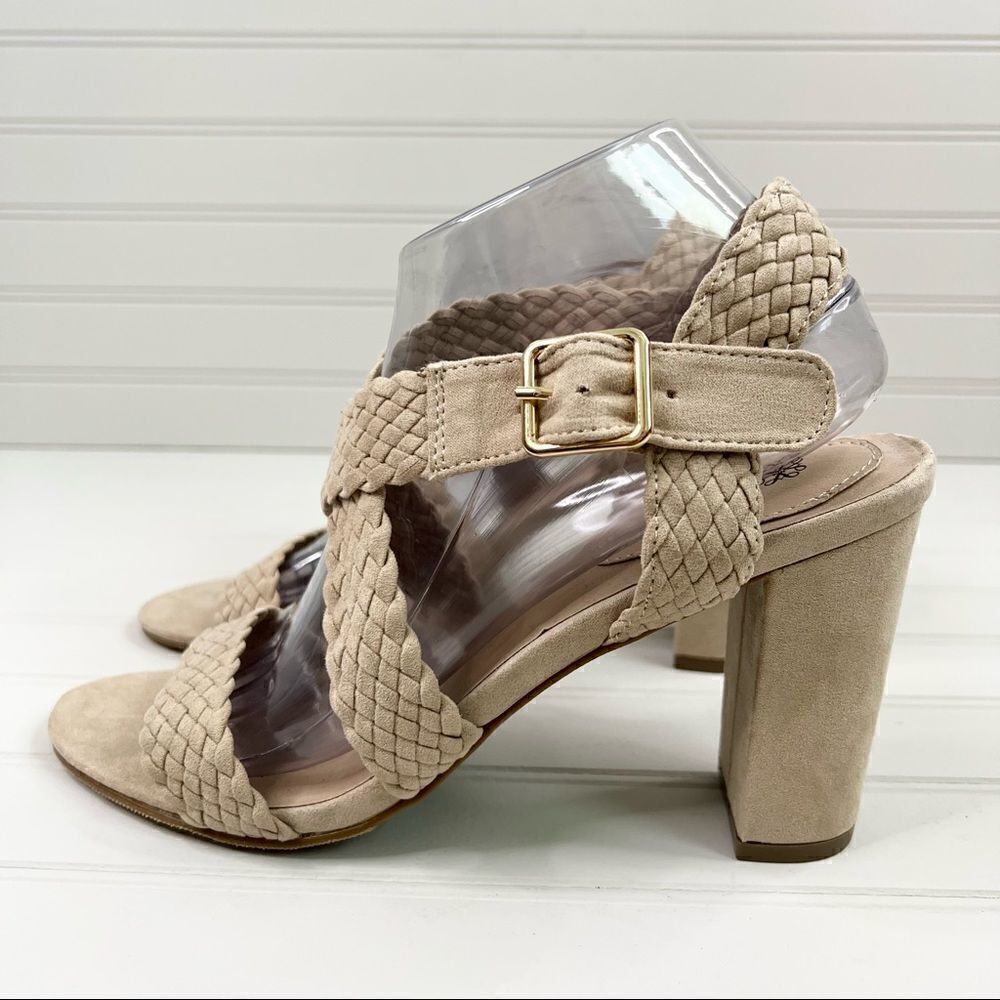 𝅺avon Tan Suede Braided Strappy Adjustable Buckle Chunky High Heels Sandals 9